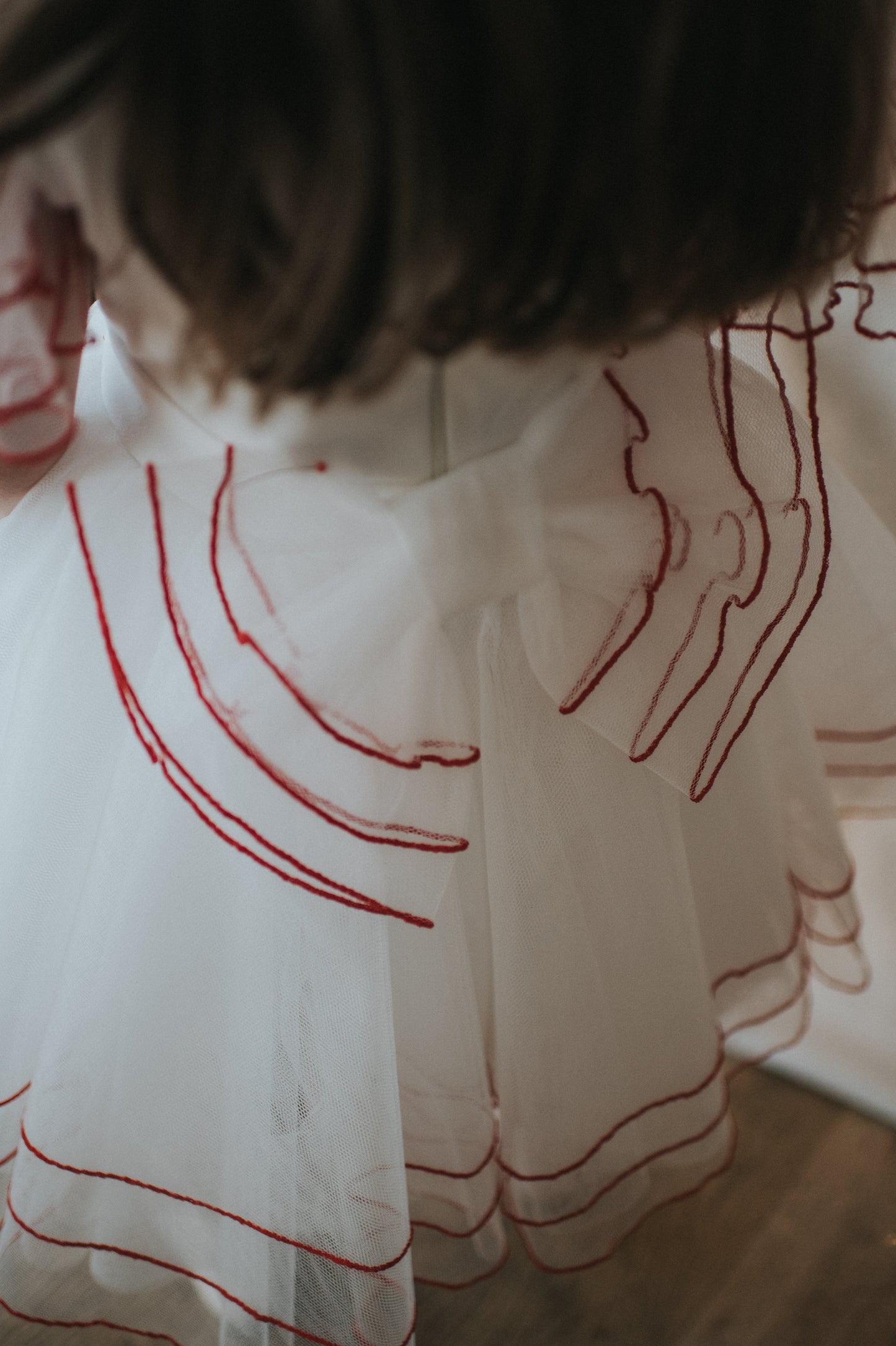 Merida Ivory Tulle Red Piping Dress