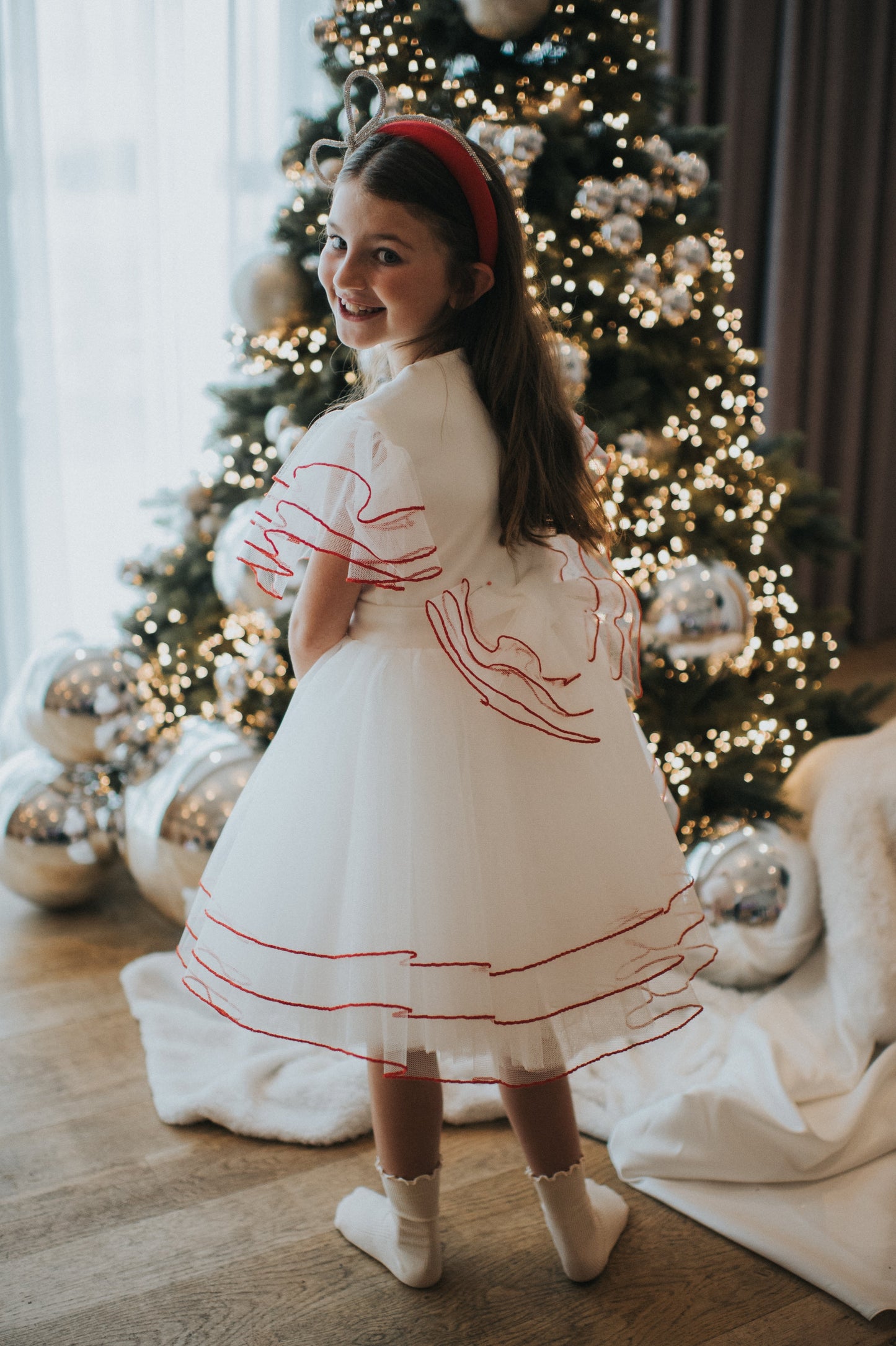 Merida Ivory Tulle Red Piping Dress - SALE