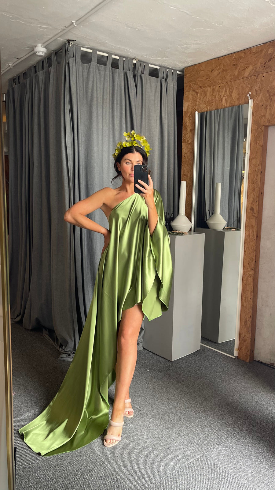 Olive Green Asymmetric Drape Dress