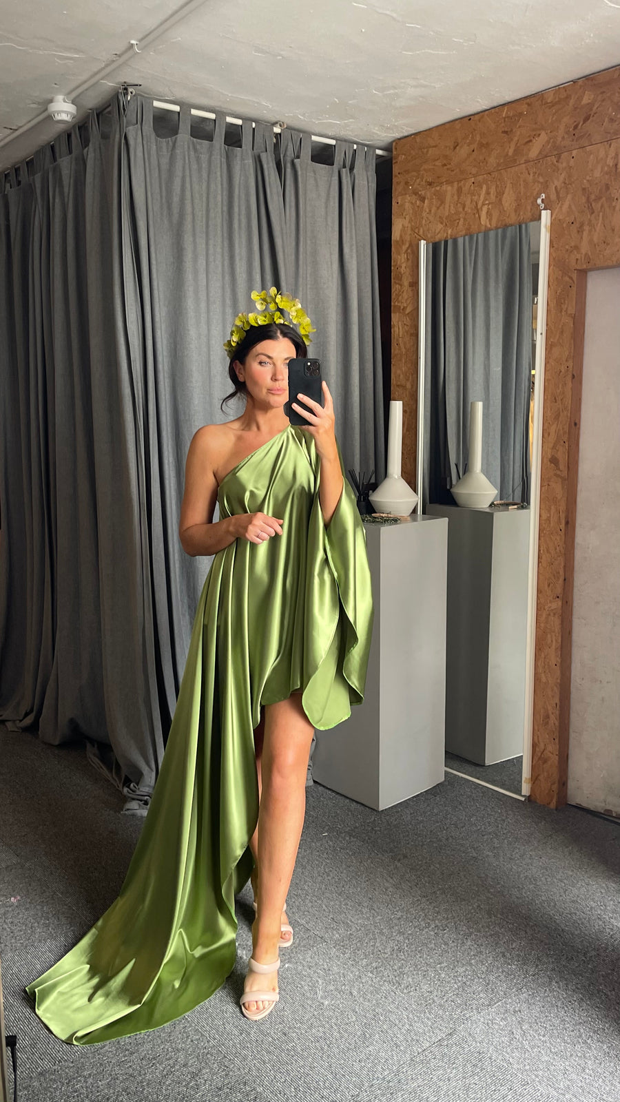 Olive Green Asymmetric Drape Dress