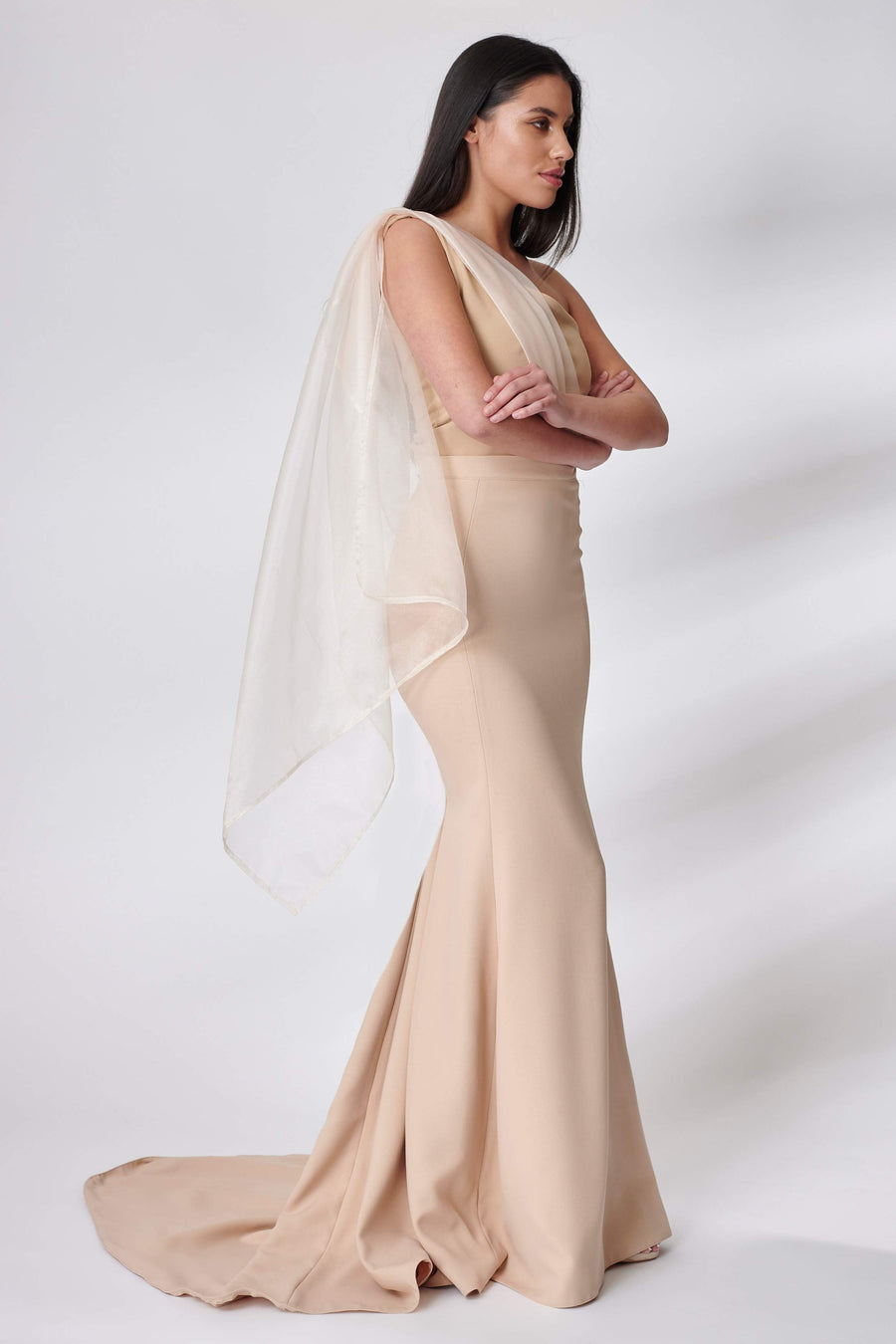 Beige Organza Draped Bridesmaid Dress