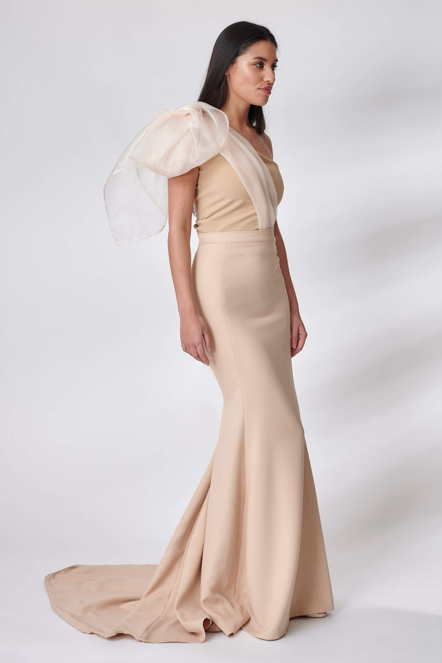 Beige Organza Bow Bridesmaid Dress