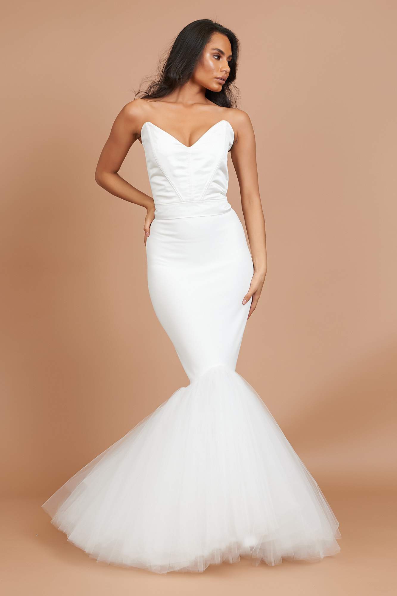 Ivory Plunge Neck Fishtail Tulle Dress