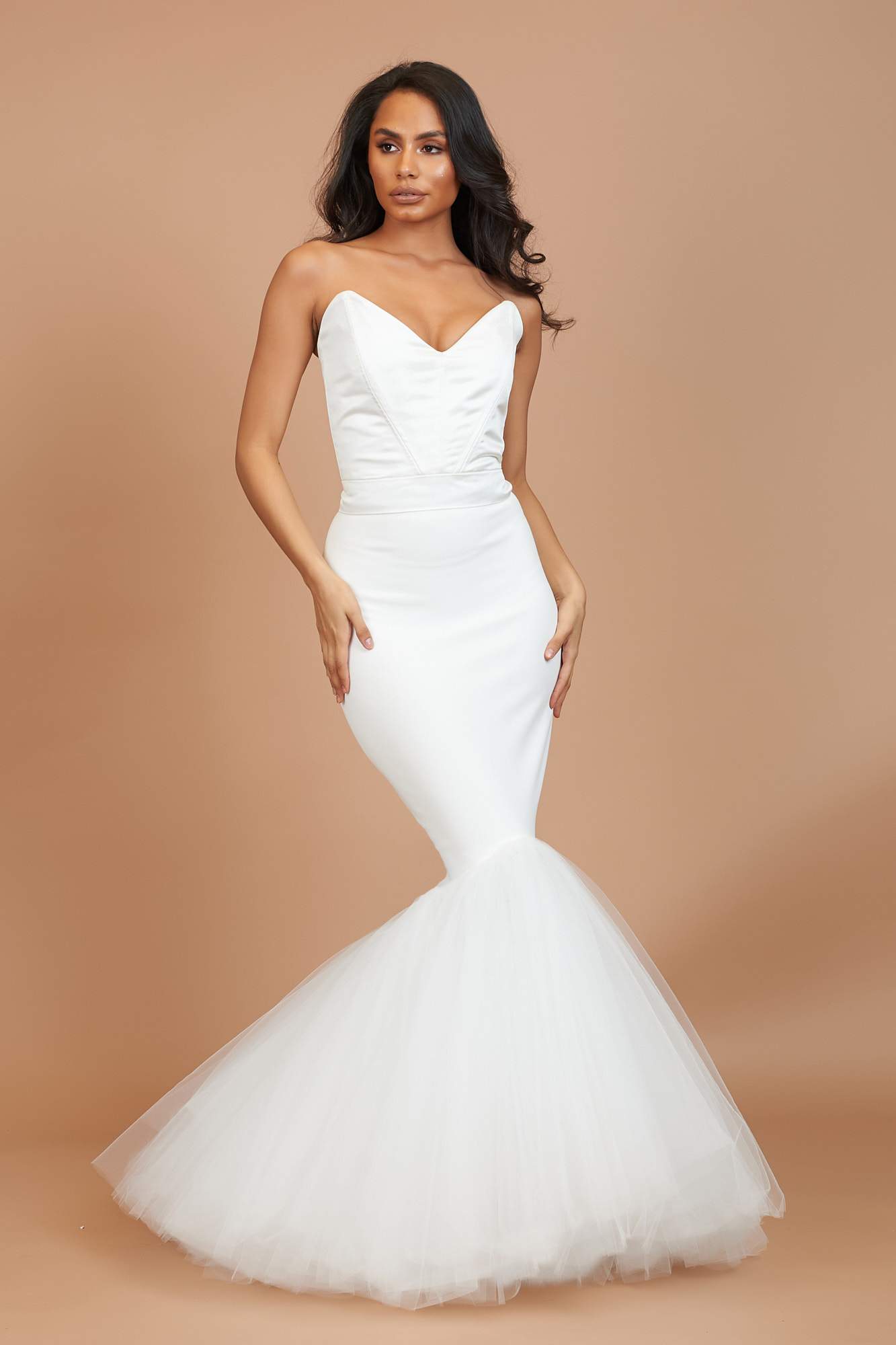 Ivory Plunge Neck Fishtail Tulle Dress