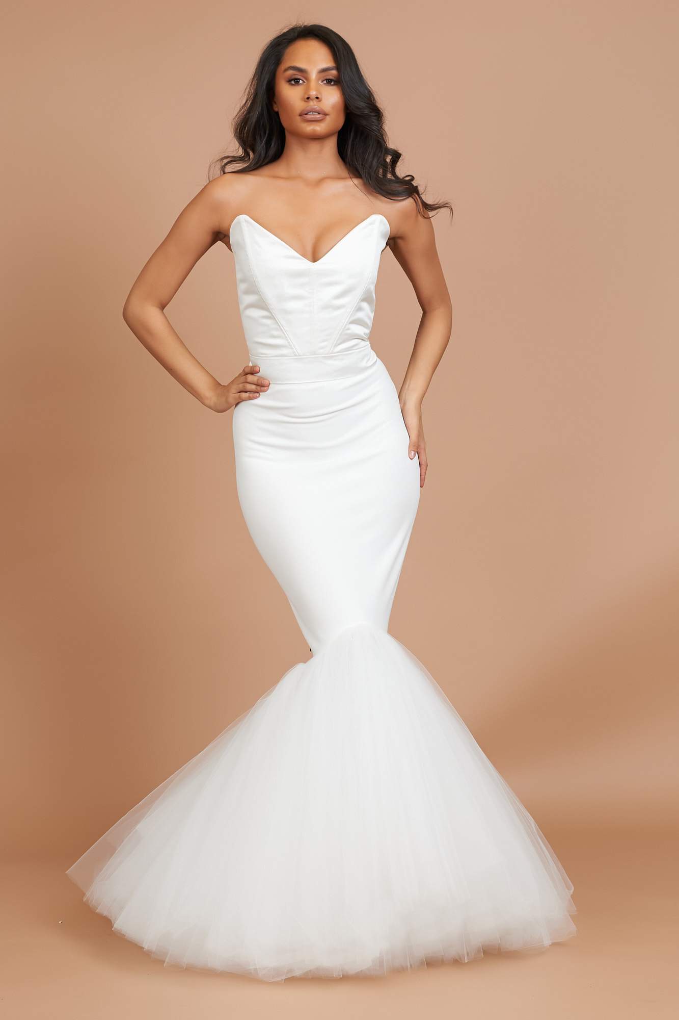 Ivory Plunge Neck Fishtail Tulle Dress