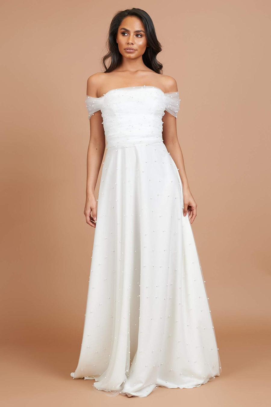 Pearl Beaded Bardot Tulle Bridesmaids Dress