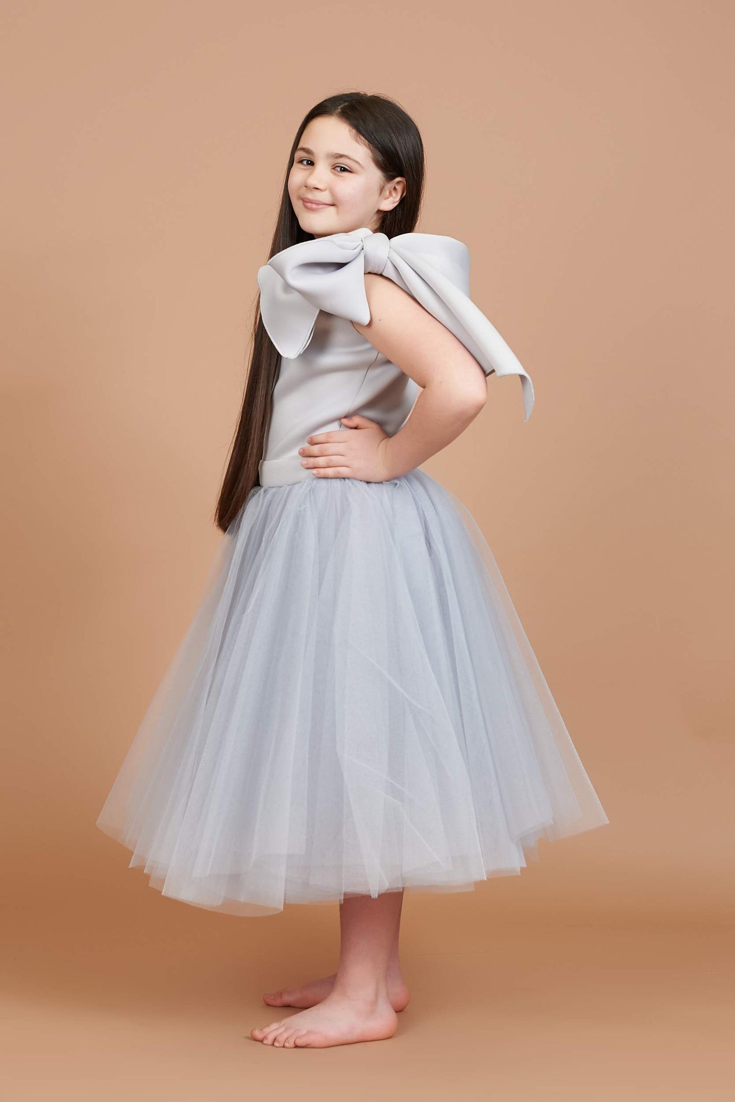 Ciara Silver Bow Shoulder Tulle Dress