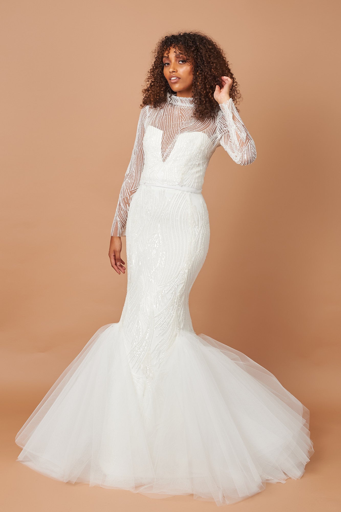 Beaded High Neck Fishtail Tulle Dress