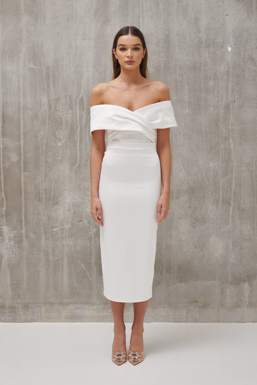 Bardot Structured Bridal Midi Dress