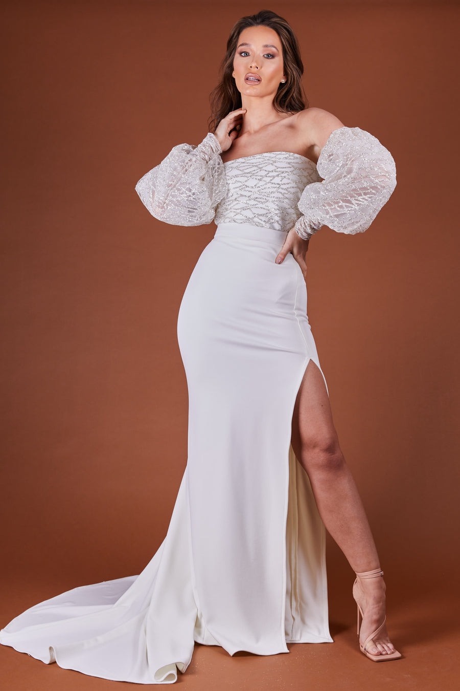 Ivory Geo Sequin Puff Sleeve Dress