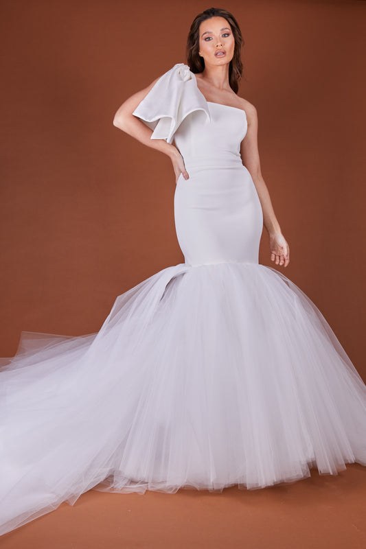 Ivory Bow Shoulder Fishtail Tulle Dress