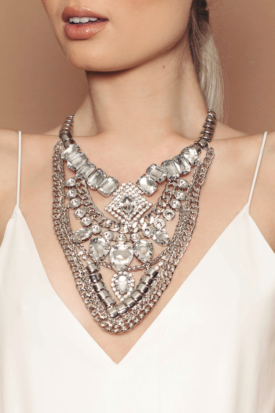 Silver Crystal Multi-Chain Necklace