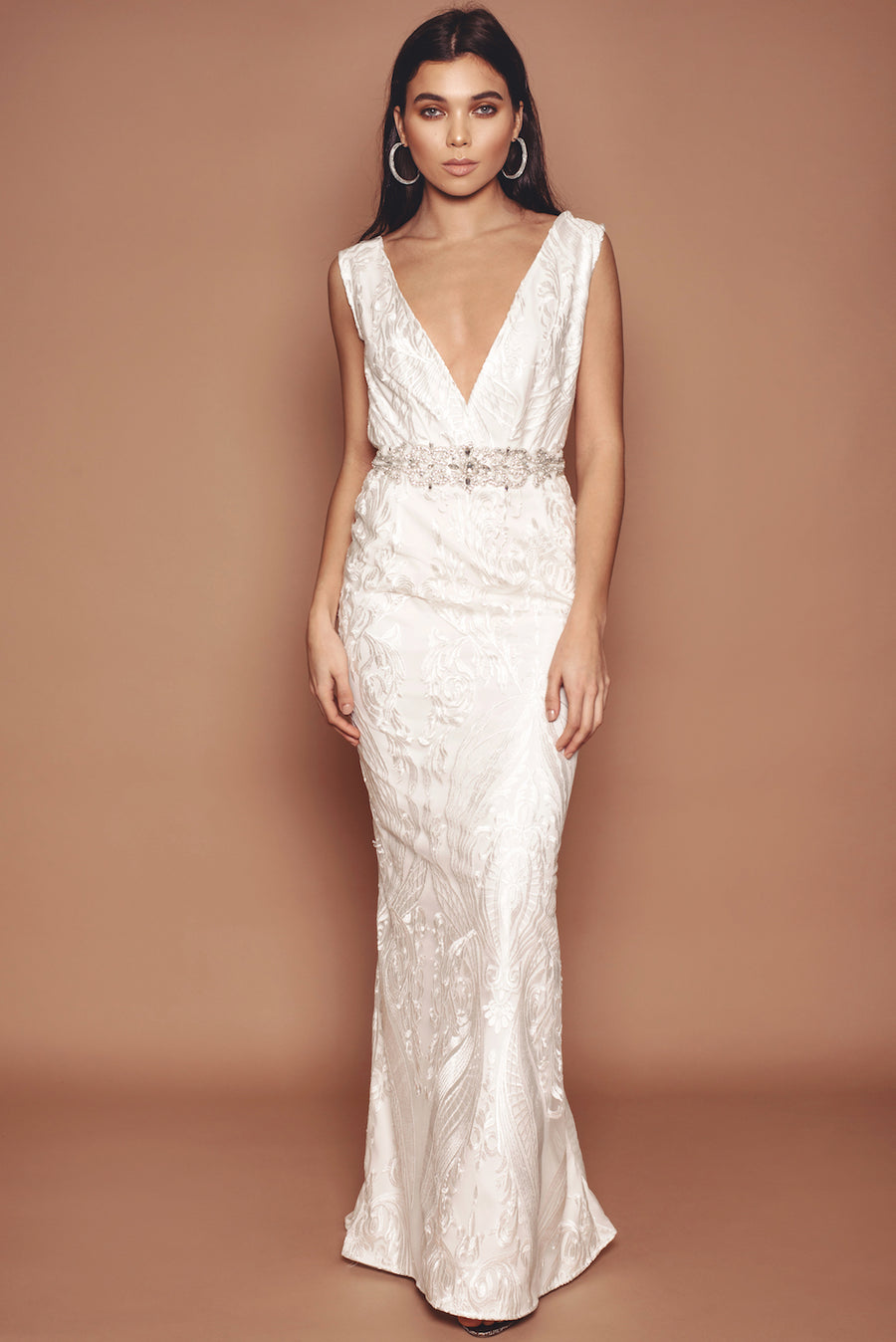 Ivory Lace and Crepe Plunge Front Gown