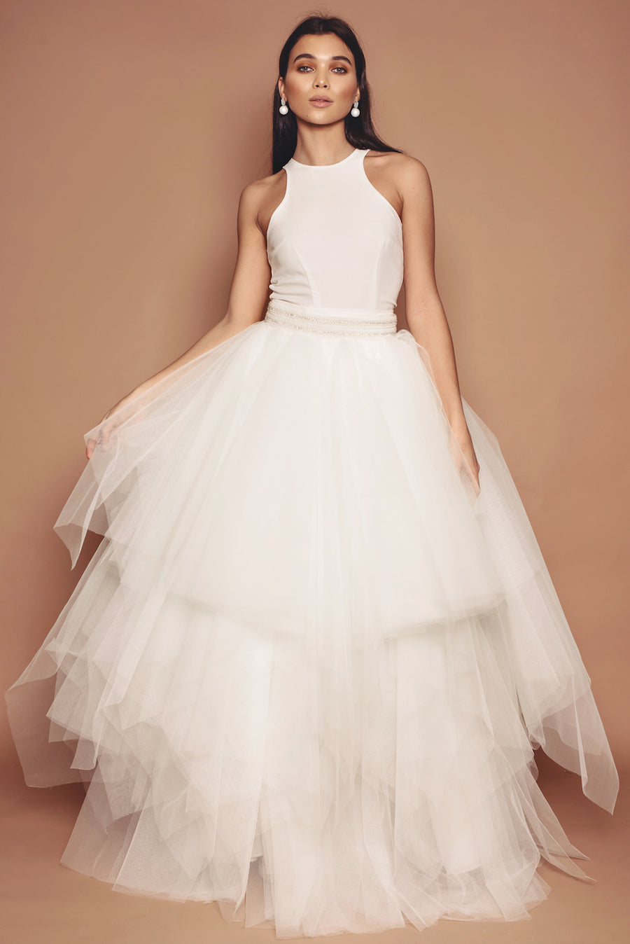 Ivory Racer Neck body with Multi-layered Tulle Skirt