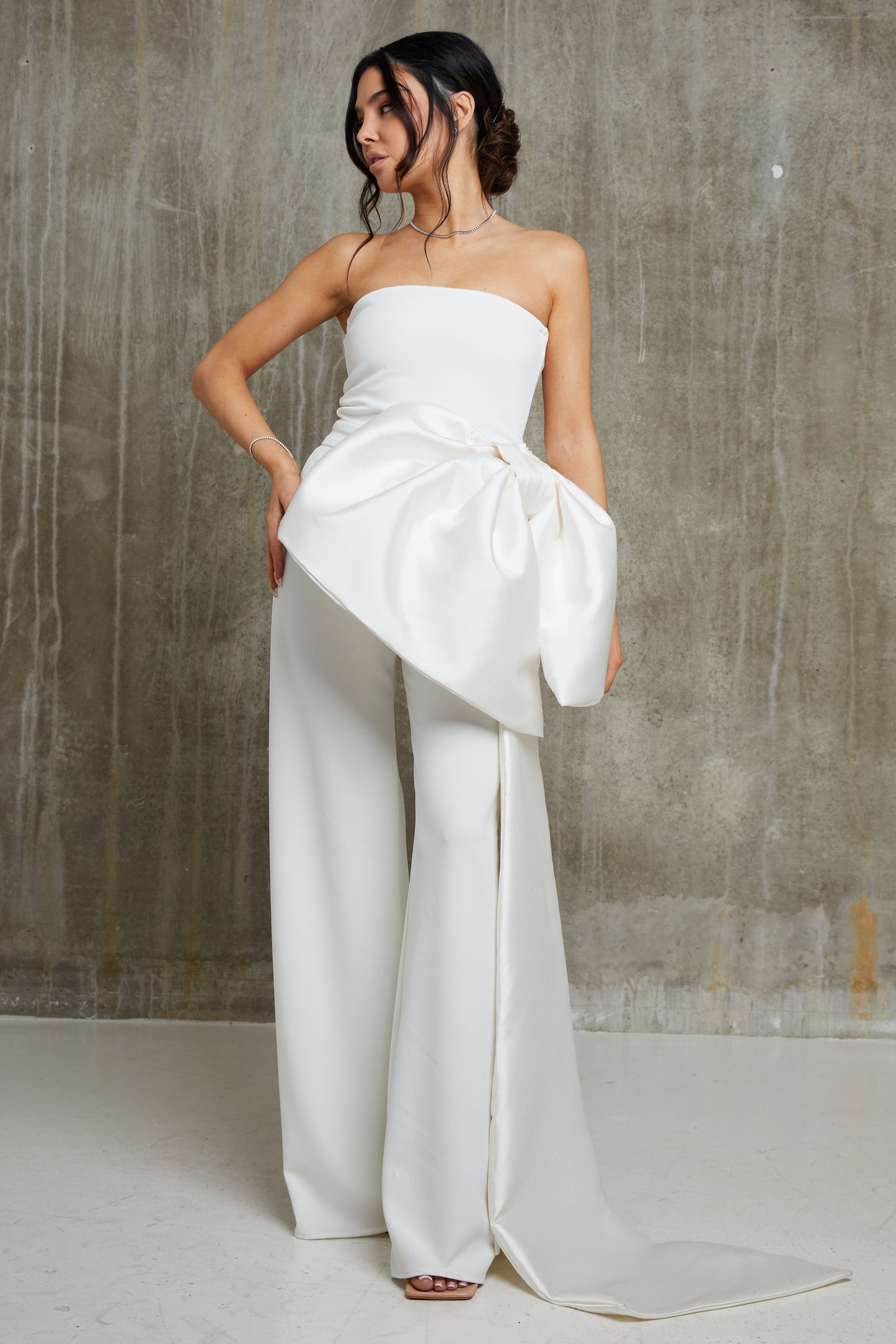 Bandeau Front Satin Bow Wide Leg Bridal Jumpsuit