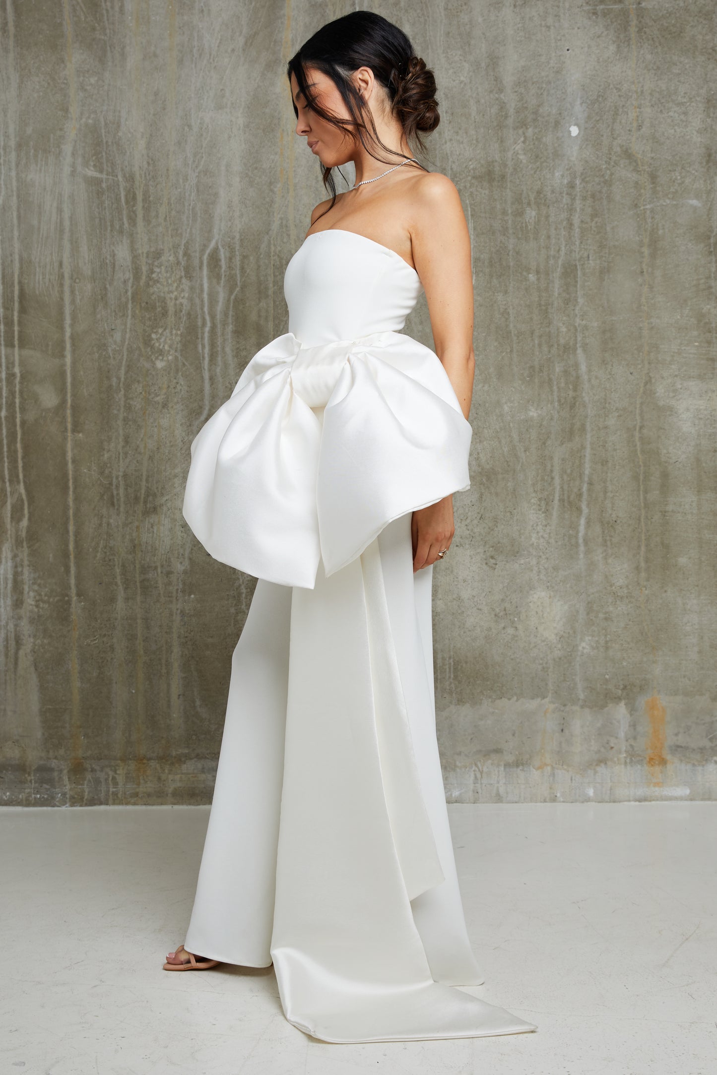 Bandeau Front Satin Bow Wide Leg Bridal Jumpsuit