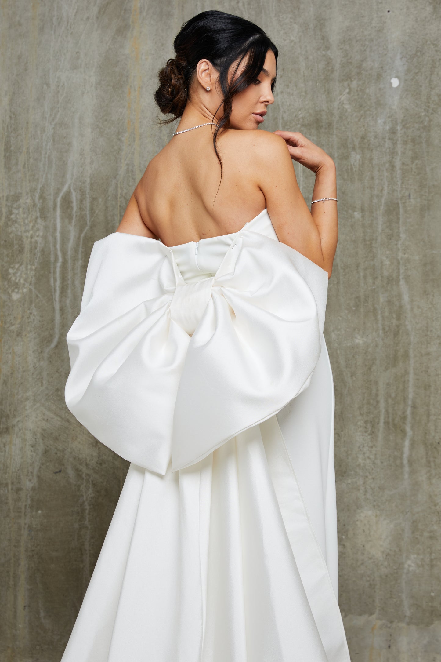 Bandeau Draped Satin Bow Back Wide Leg Bridal Jumpsuit