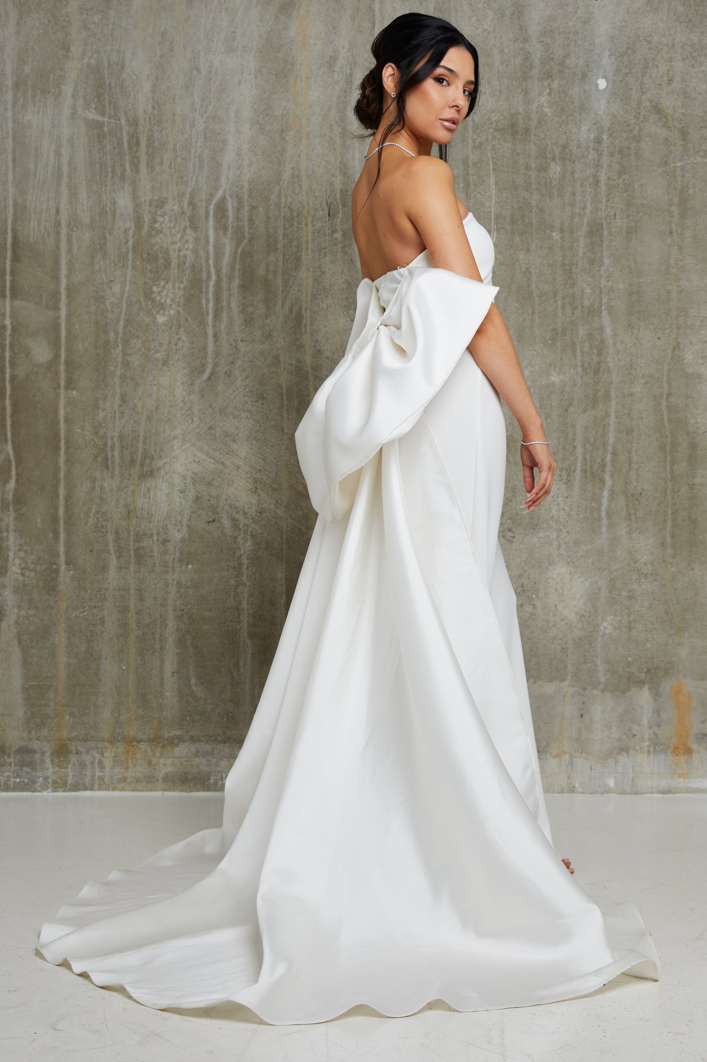 Bandeau Draped Satin Bow Back Wide Leg Bridal Jumpsuit