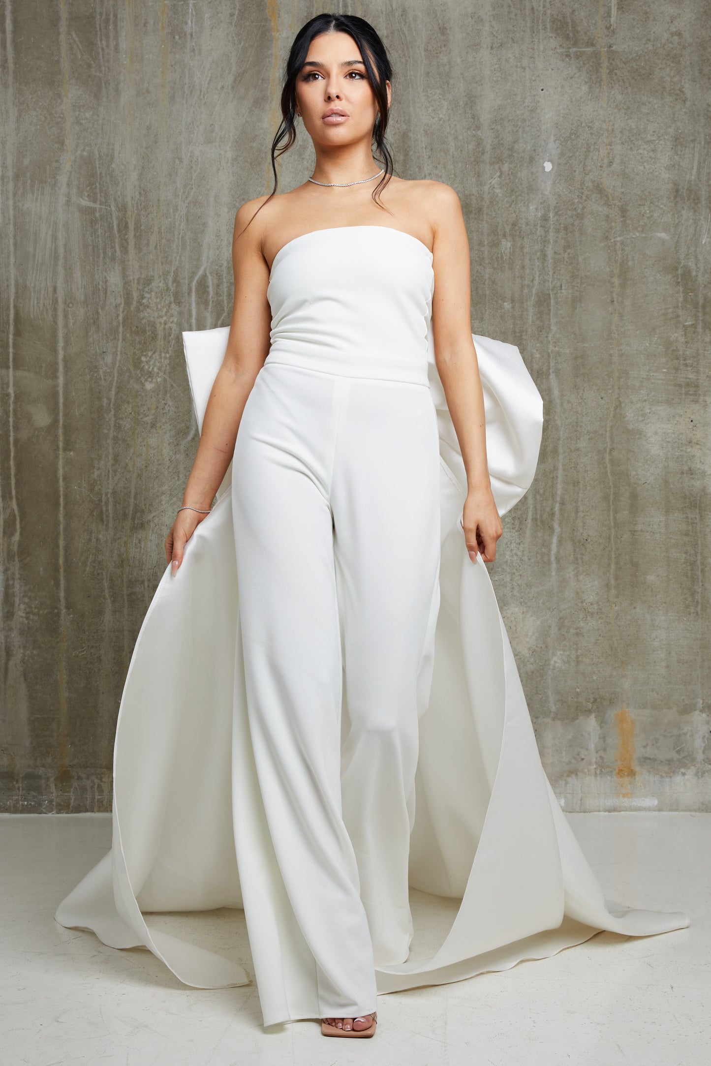 Bandeau Draped Satin Bow Back Wide Leg Bridal Jumpsuit