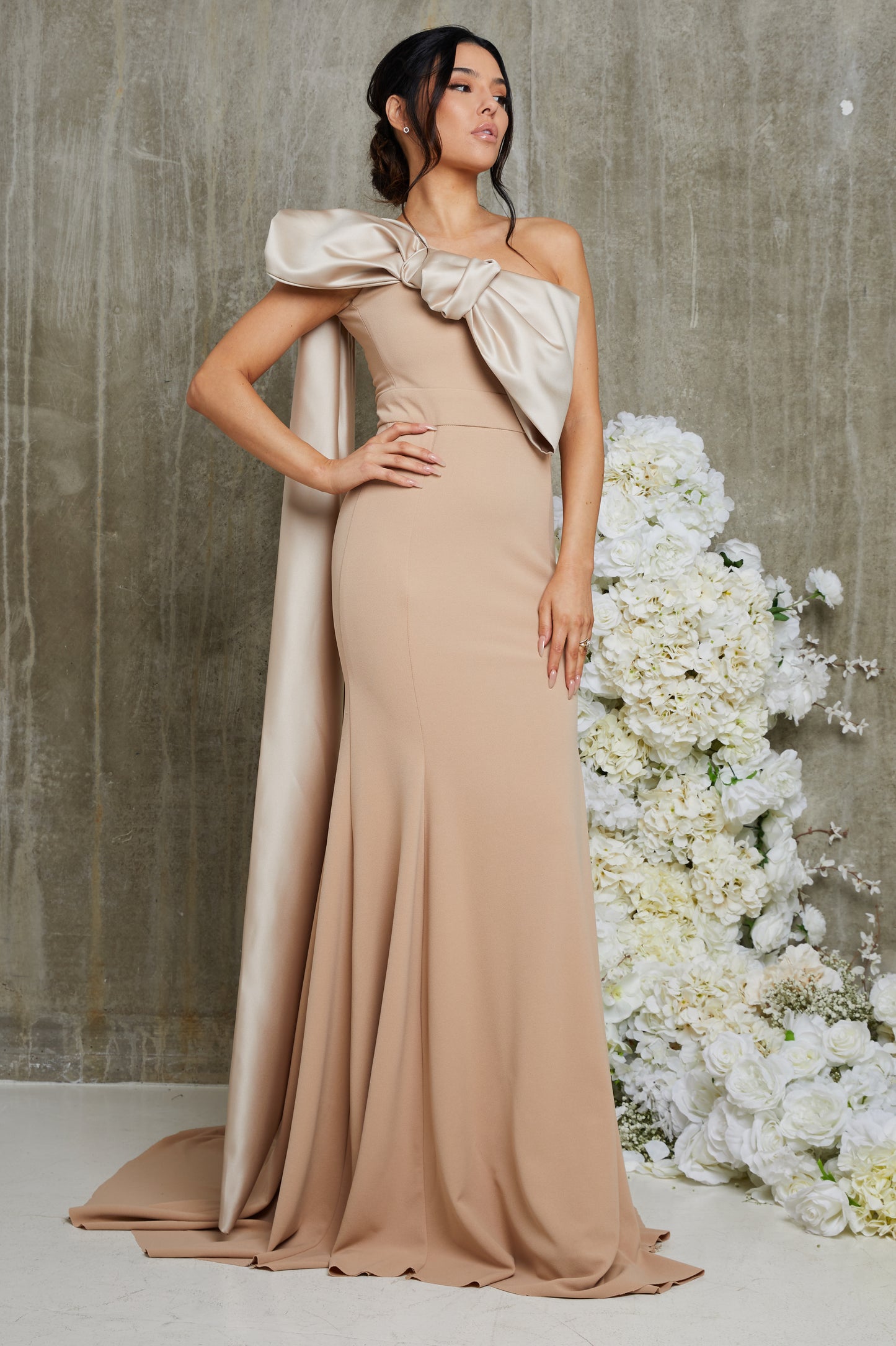 Tia Beige Asymmetric Bow Shoulder Bridesmaid Dress