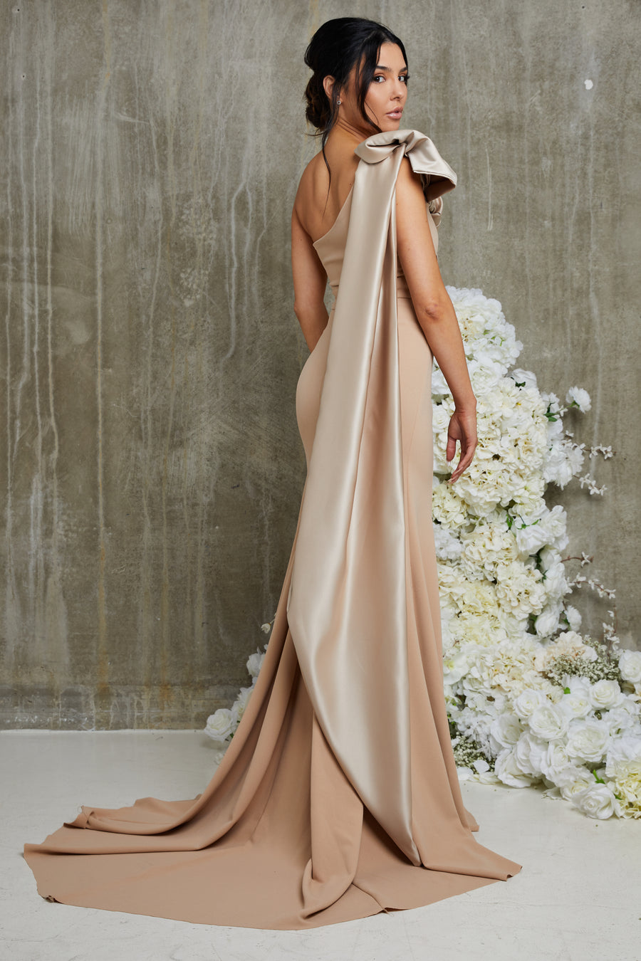 Tia Beige Satin Bow Shoulder Bridesmaid Dress