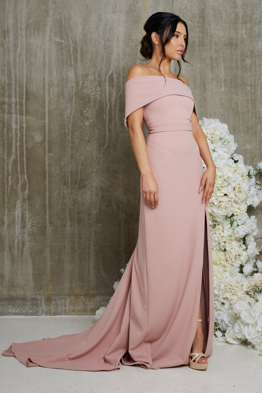 Sophia Dusty Pink Bardot Bridesmaid Dress
