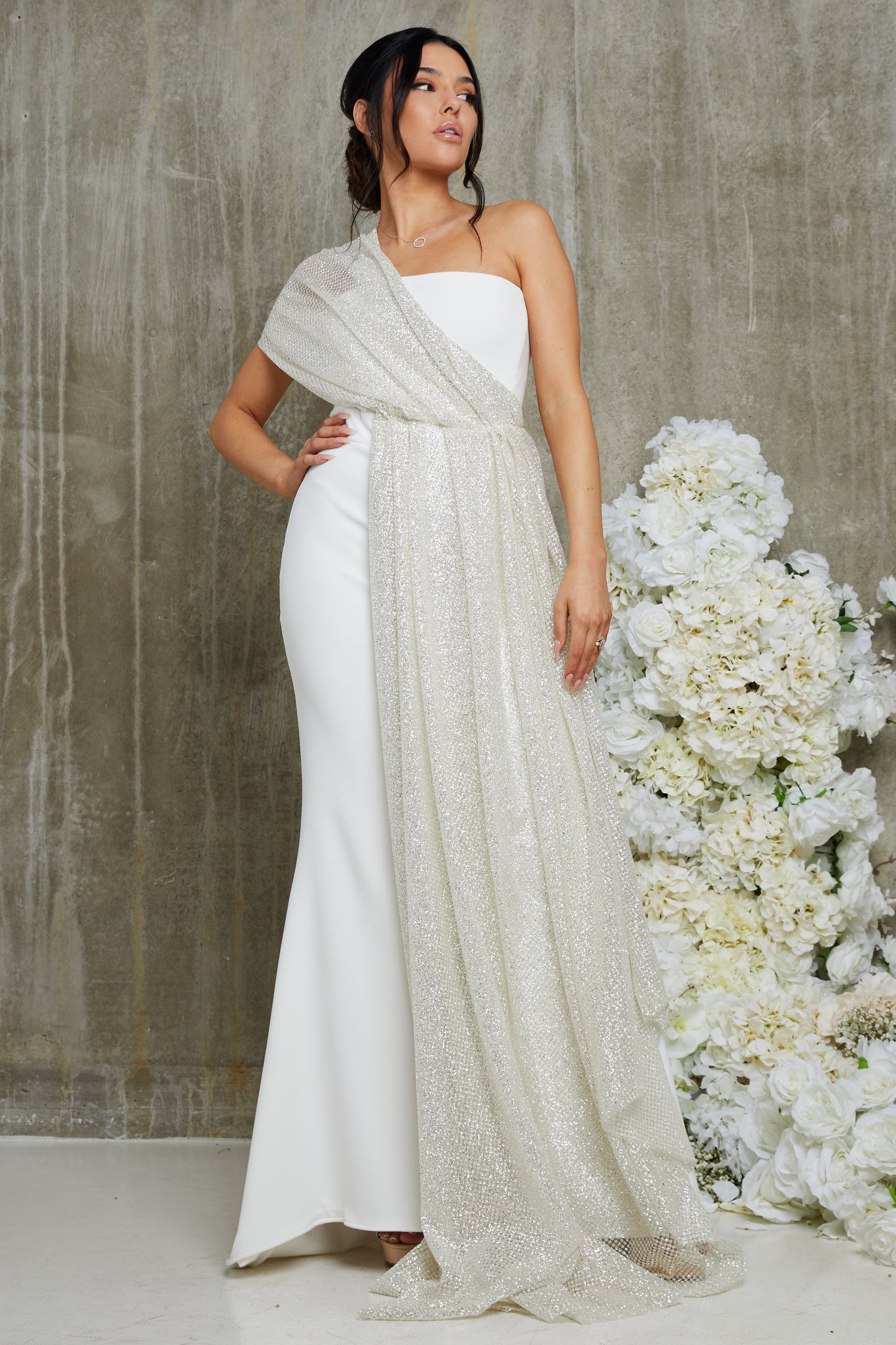 Ivory Sparkle Drape Flute Dress