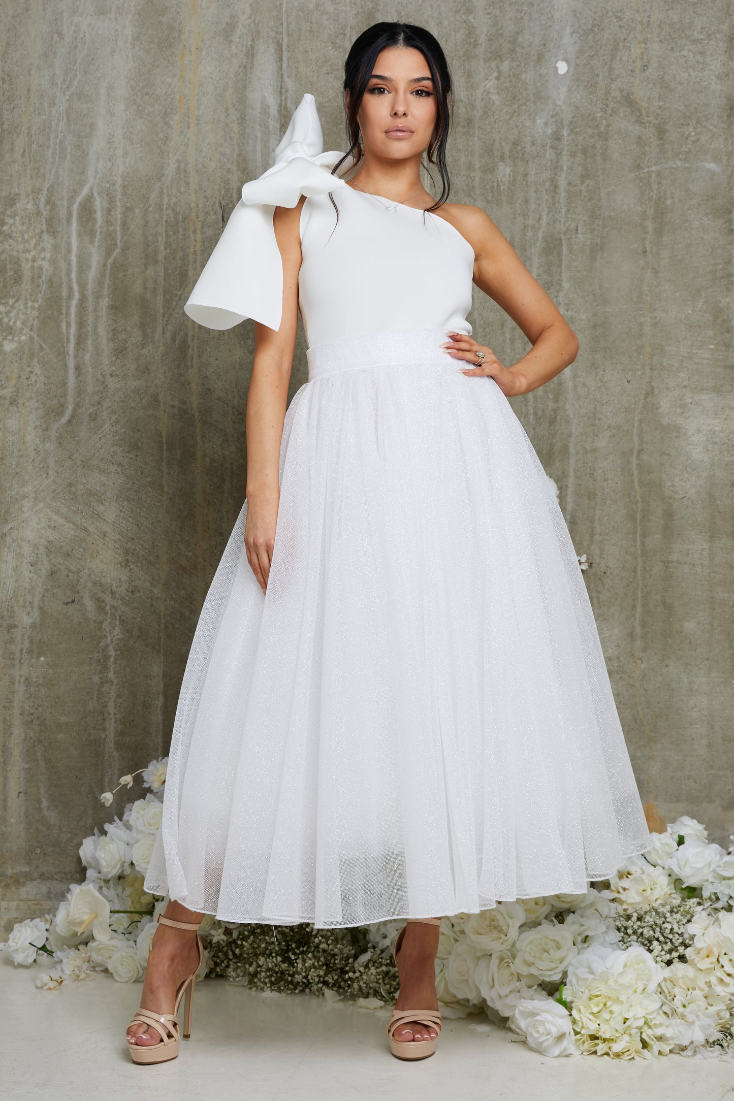 Ivory Bow Sparkle Tulle Dress