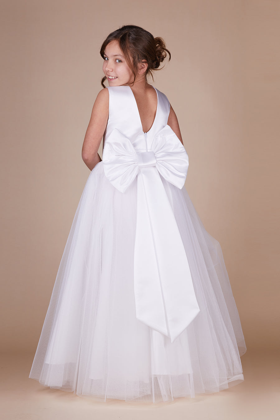 White Off The Shoulder Tulle Communion Dress - Pink Princess