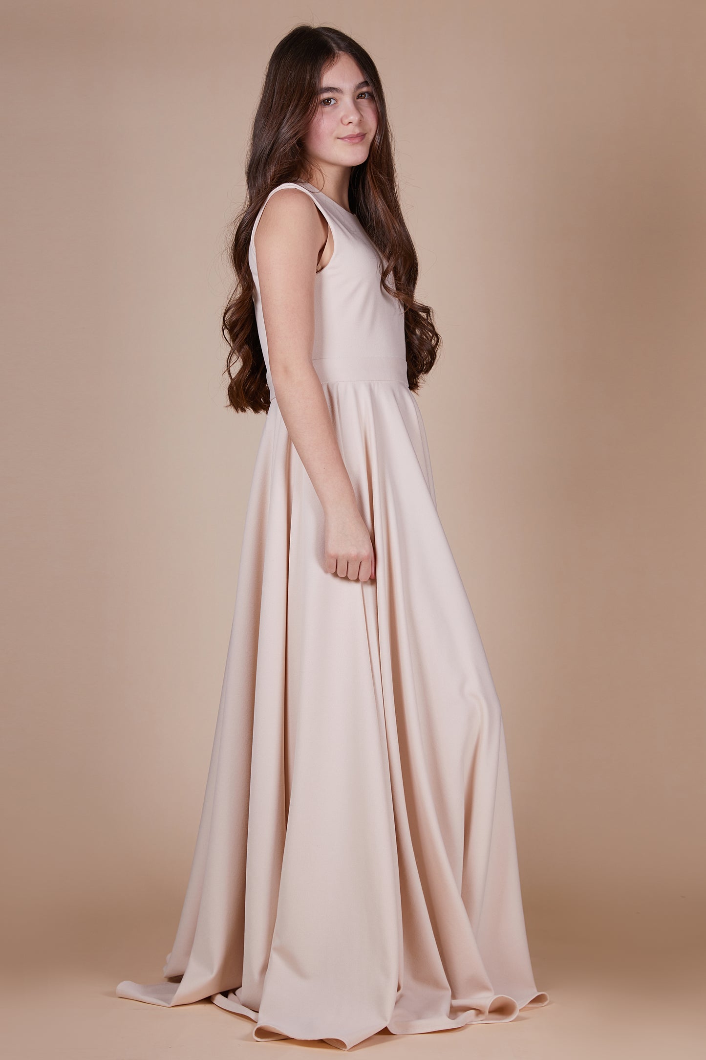 Hattie Beige Flared Mini Maid Maxi Dress